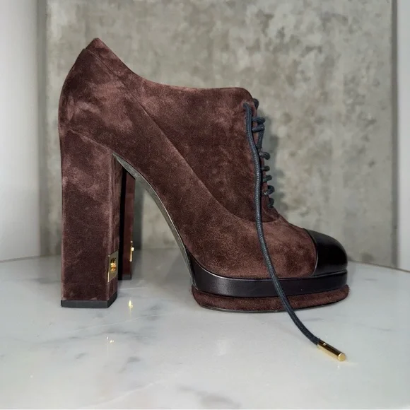 Chanel Brown Suede Leather Platform Lace Up Block Heeled Oxford Boot - Picture 3 of 17